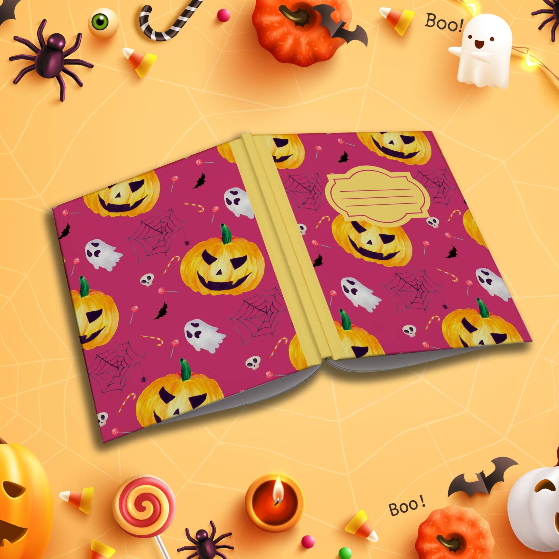 Raspberry Halloween soft cover composition notebook with pumpkin design, wide ruled lined journal for notes or writing