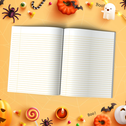 Raspberry Halloween soft cover composition notebook with pumpkin design, wide ruled lined journal for notes or writing