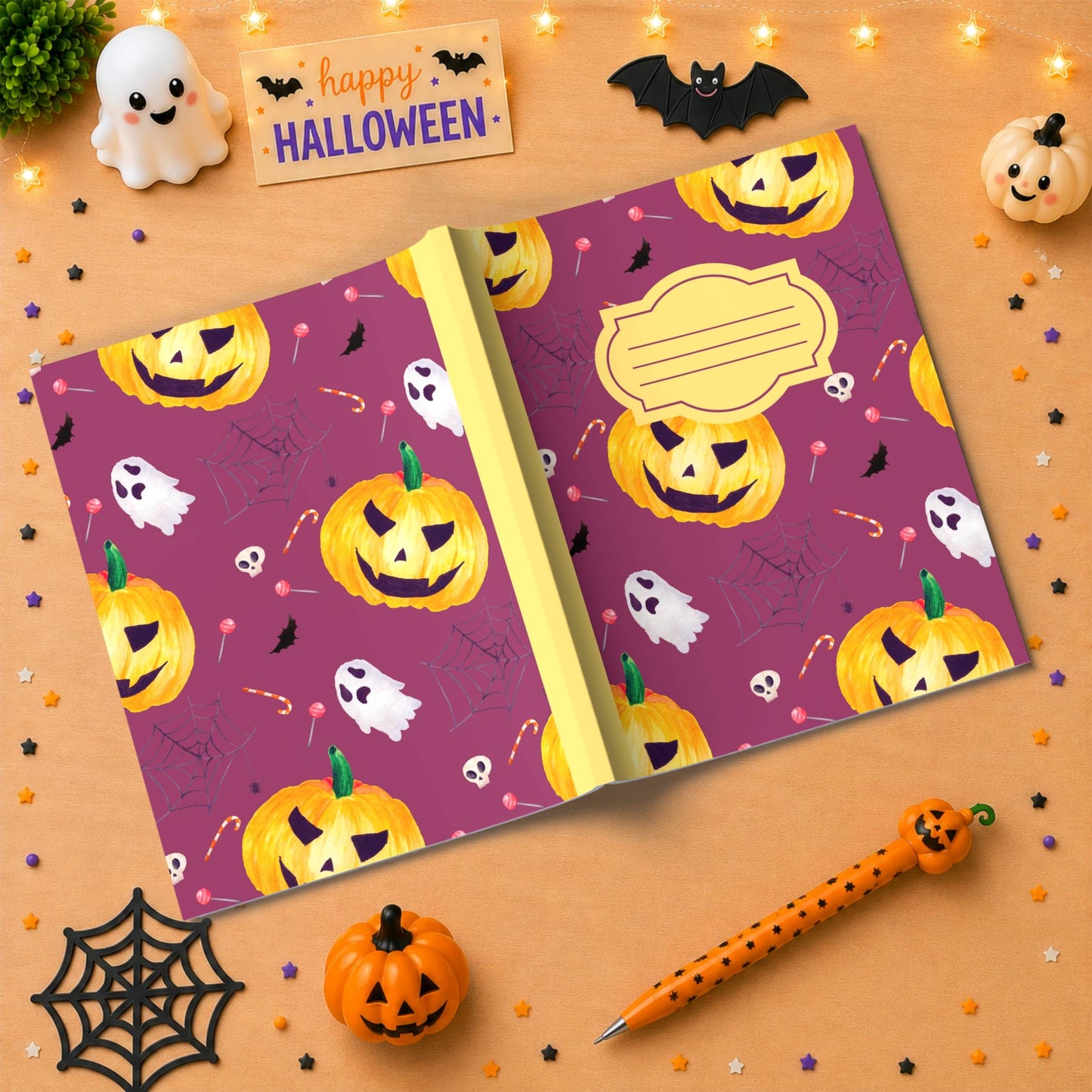 Plum Halloween Composition Notebook - Jack-o-Lantern & Ghost Pattern Paperback Journal