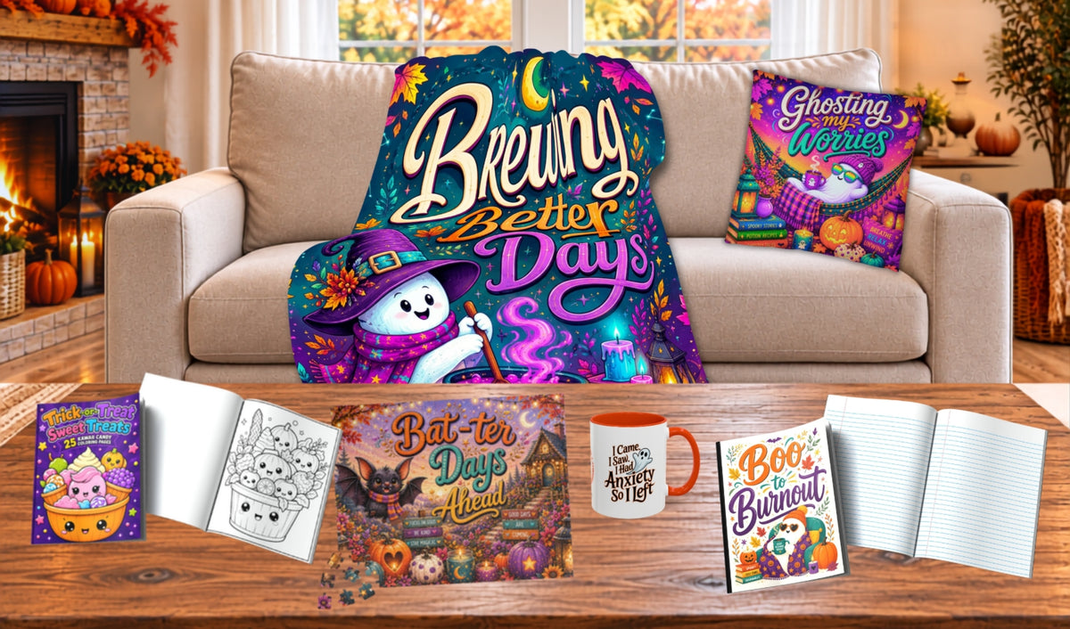 A cozy Halloween-themed living room scene showcasing a coordinated set of printed home decor items: a large throw blanket, a pillow, a rug, a mug, and a notebook, all featuring colorful witch and pumpkin illustrations with phrases like 'Brewing Better Days' and 'Ghosting Worries.' The scene includes pumpkins, fall leaves, a sign reading 'Happy Halloween,' and warm autumn decor.