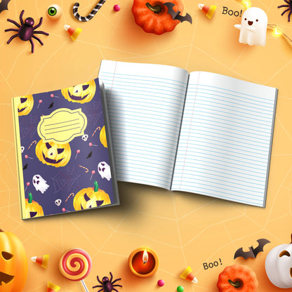 Navy Halloween soft cover composition notebook with pumpkin designs, wide ruled lined journal for school or journaling