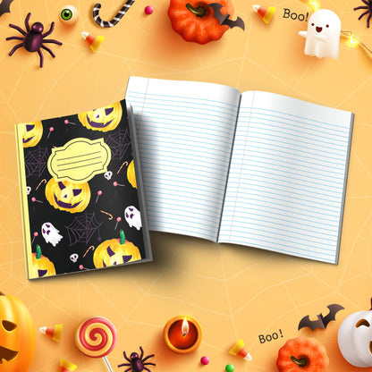 Black Halloween soft cover composition notebook with pumpkin design, wide ruled writing journal for school or journaling
