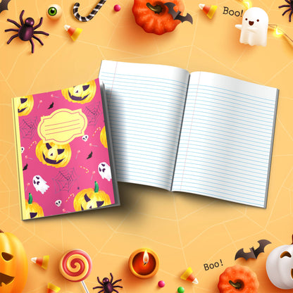 Raspberry Halloween soft cover composition notebook with pumpkin design, wide ruled lined journal for notes or writing