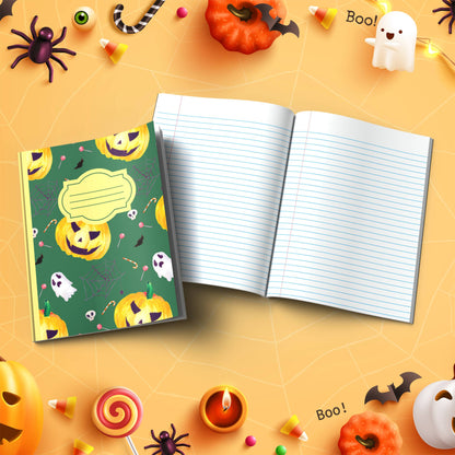 Dark Green Halloween soft cover composition notebook with pumpkin designs, wide ruled lined journal for school or notes