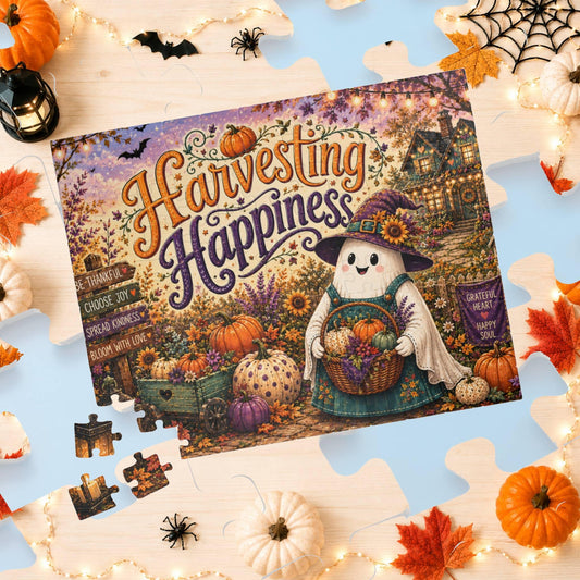 Harvesting Happiness Halloween puzzle with witch ghost, pumpkins, sunflowers, and harvest basket