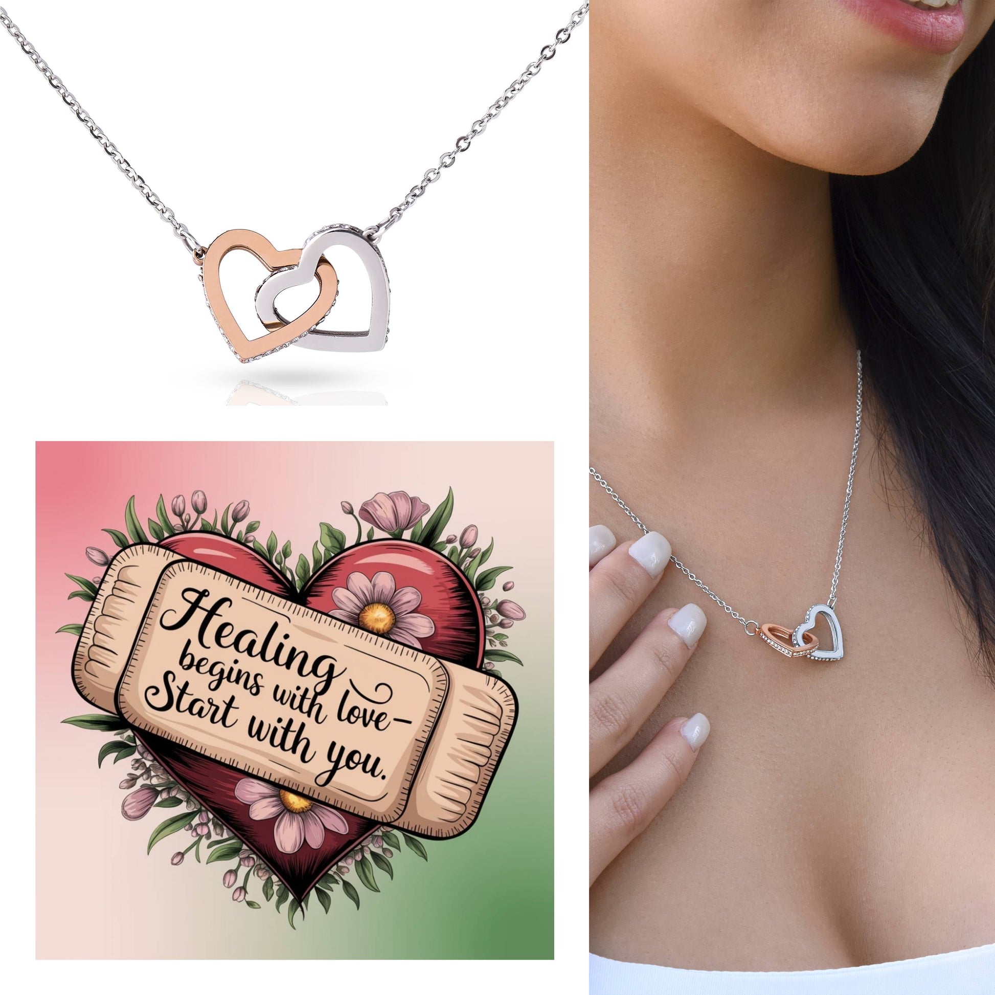 Healing Begins With Love - Start With You: Interlocking Hearts Necklace - Mental Health Gift, Self-Love, Anxiety, PTSD Support