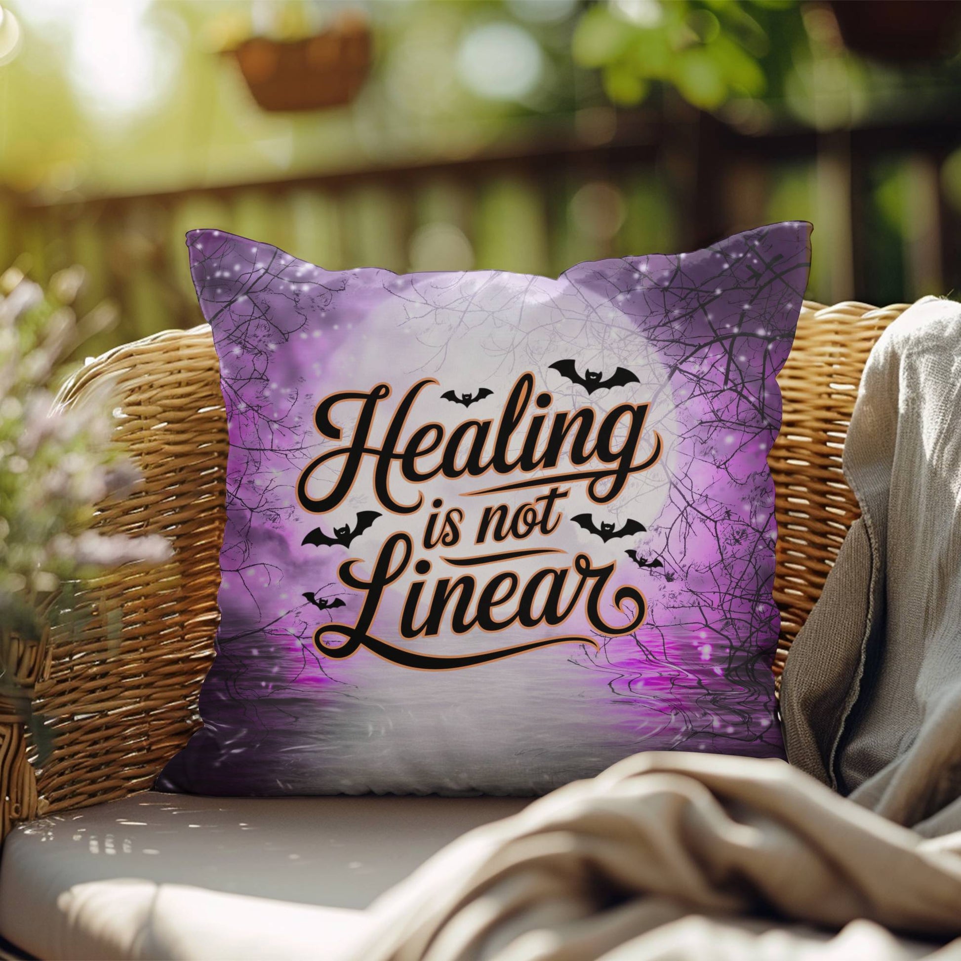 Mental health indoor/outdoor pillow with “Healing Is Not Linear” for self-care and positivity
