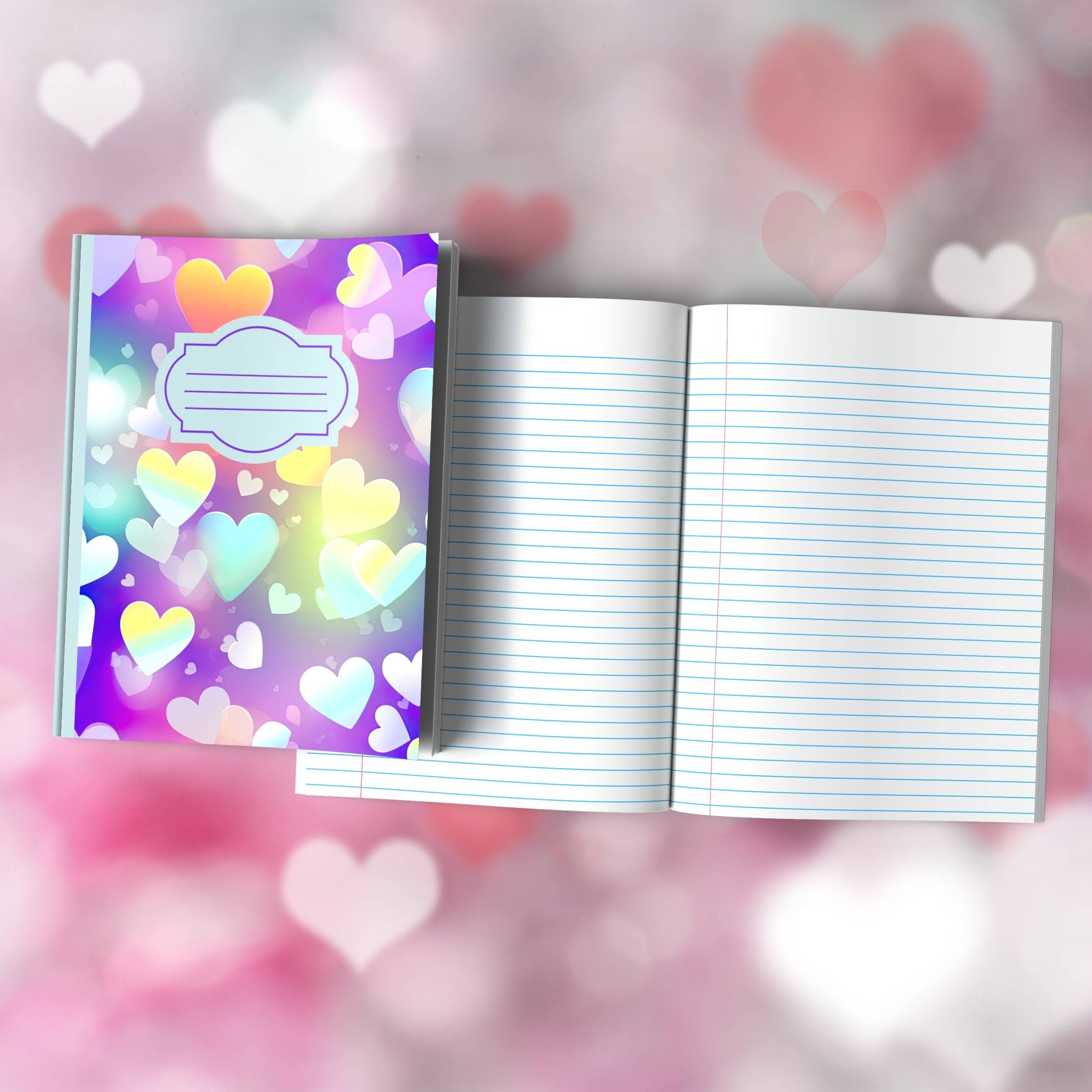 Heart-Themed Composition Notebook - 100 Pages, Wide-Ruled, 7 Line Color Options for Journaling & Mental Well-Being (H9)
