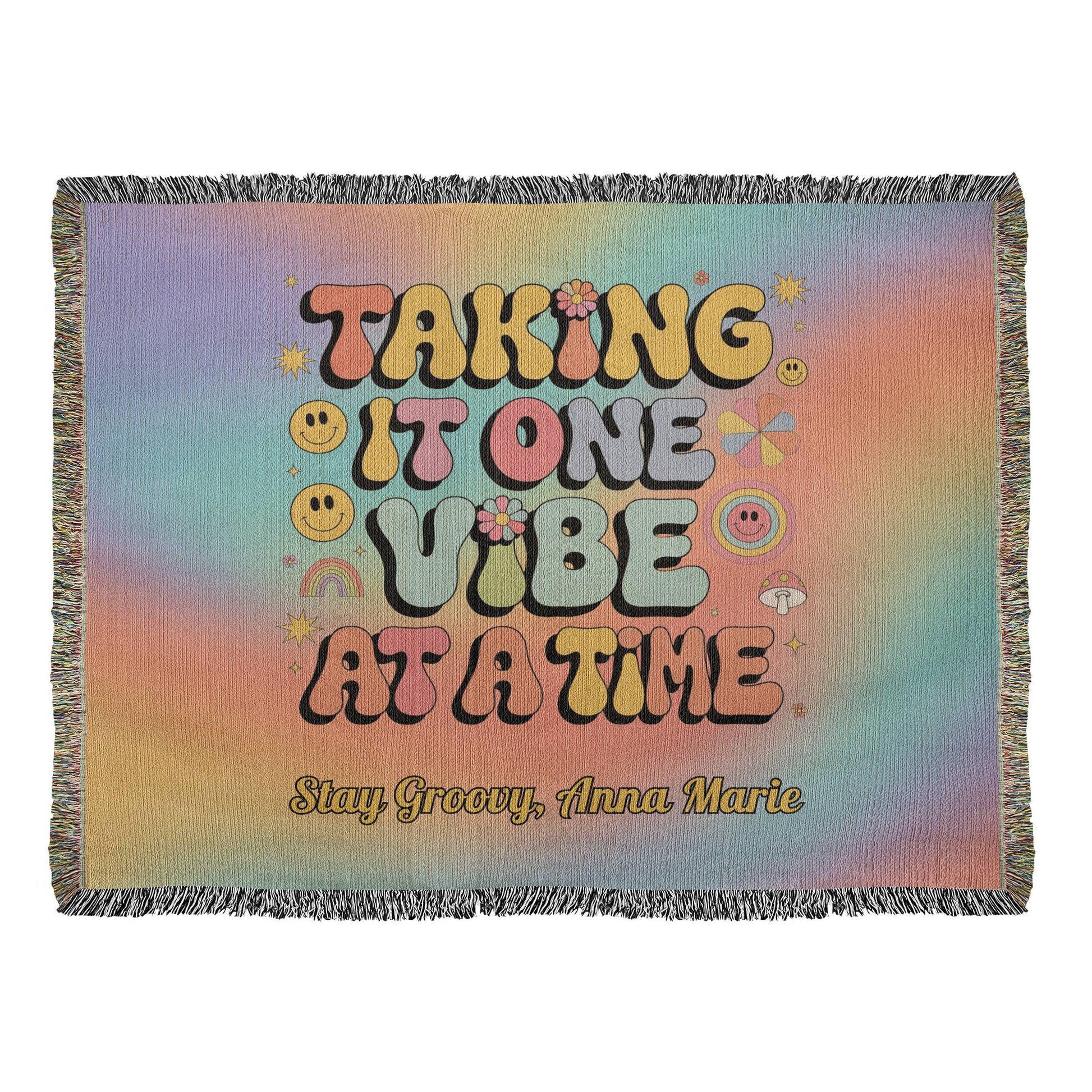 Taking It One Vibe at a Time personalized woven therapy blanket with retro mental health support message