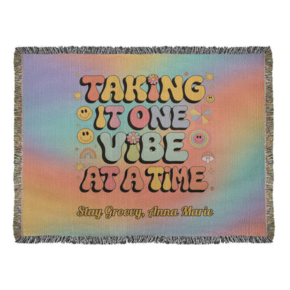 Taking It One Vibe at a Time personalized woven therapy blanket with retro mental health support message