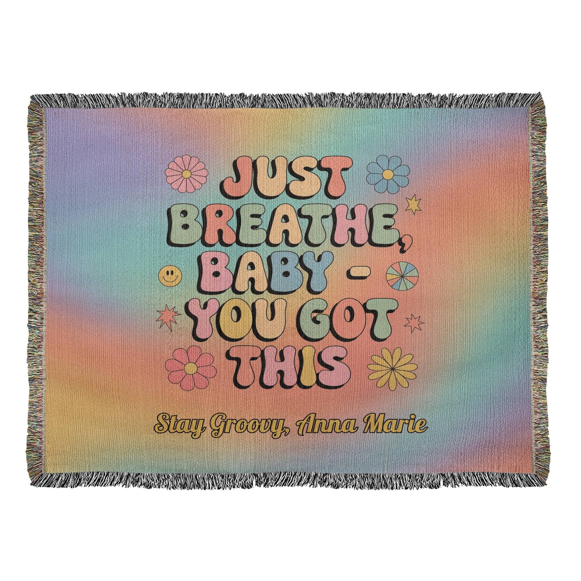 Just Breathe Baby You Got This woven blanket with retro mental health message and custom name option