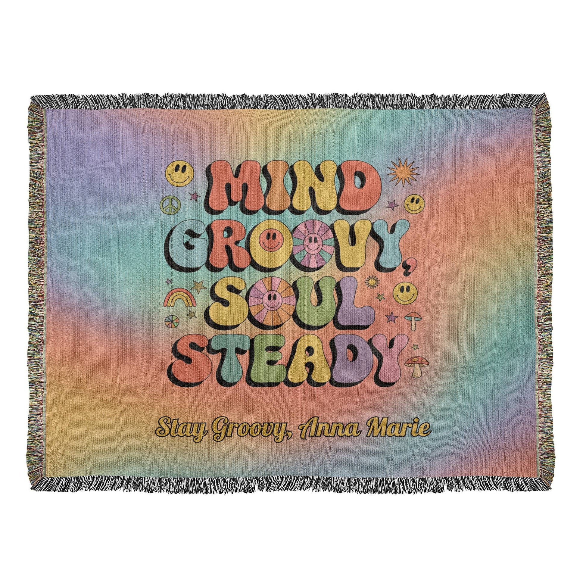 Mind Groovy, Soul Steady personalized woven blanket, retro mental health throw for comfort & calm - MySisterIsASurvivor