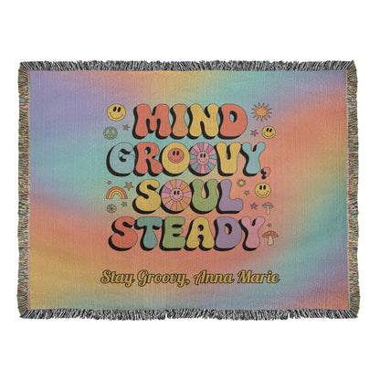 Mind Groovy, Soul Steady personalized woven blanket, retro mental health throw for comfort & calm - MySisterIsASurvivor