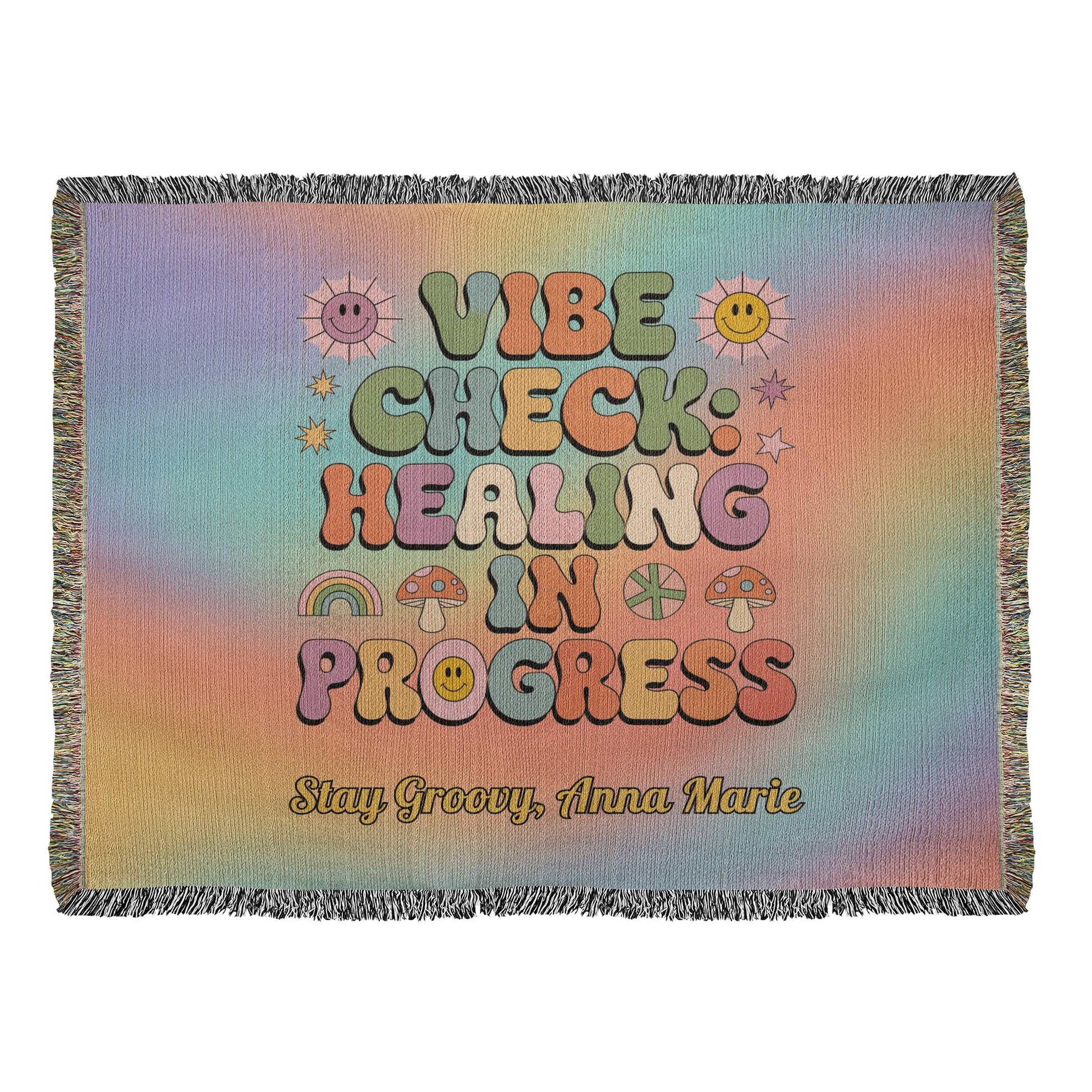 Vibe Check Healing in Progress woven blanket with mental health affirmation and custom name area