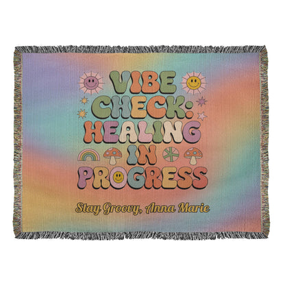 Vibe Check Healing in Progress woven blanket with mental health affirmation and custom name area