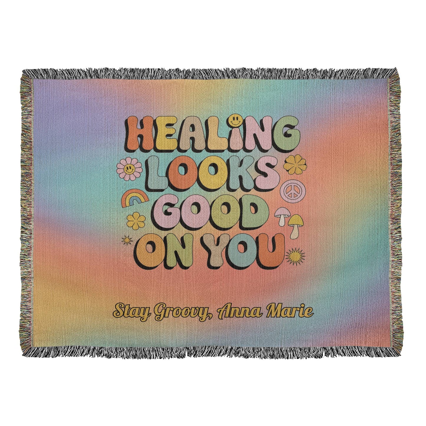 Healing Looks Good on You woven throw blanket with custom personalization and bold retro mental health design