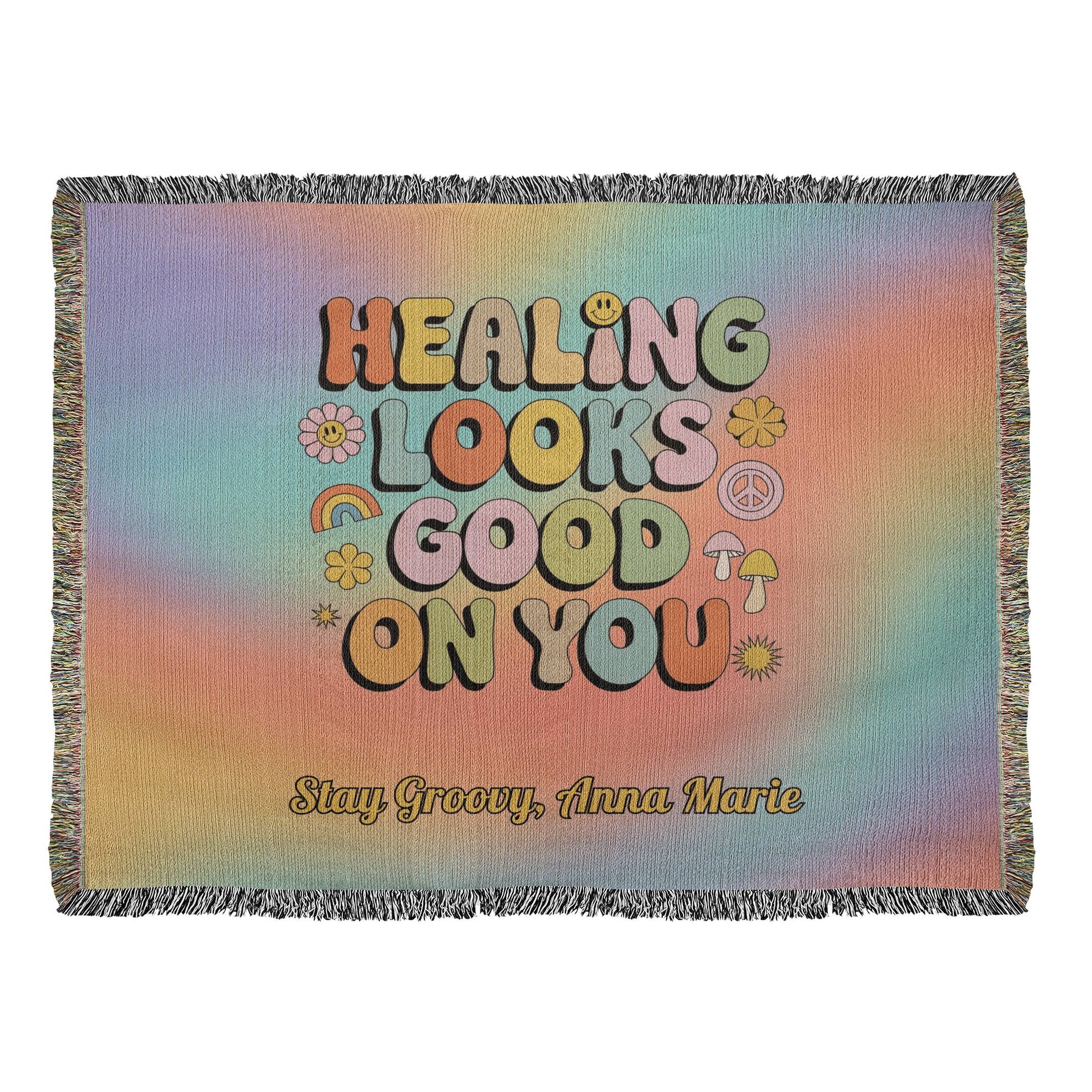 Healing Looks Good on You woven throw blanket with custom personalization and bold retro mental health design