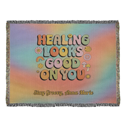 Healing Looks Good on You woven throw blanket with custom personalization and bold retro mental health design