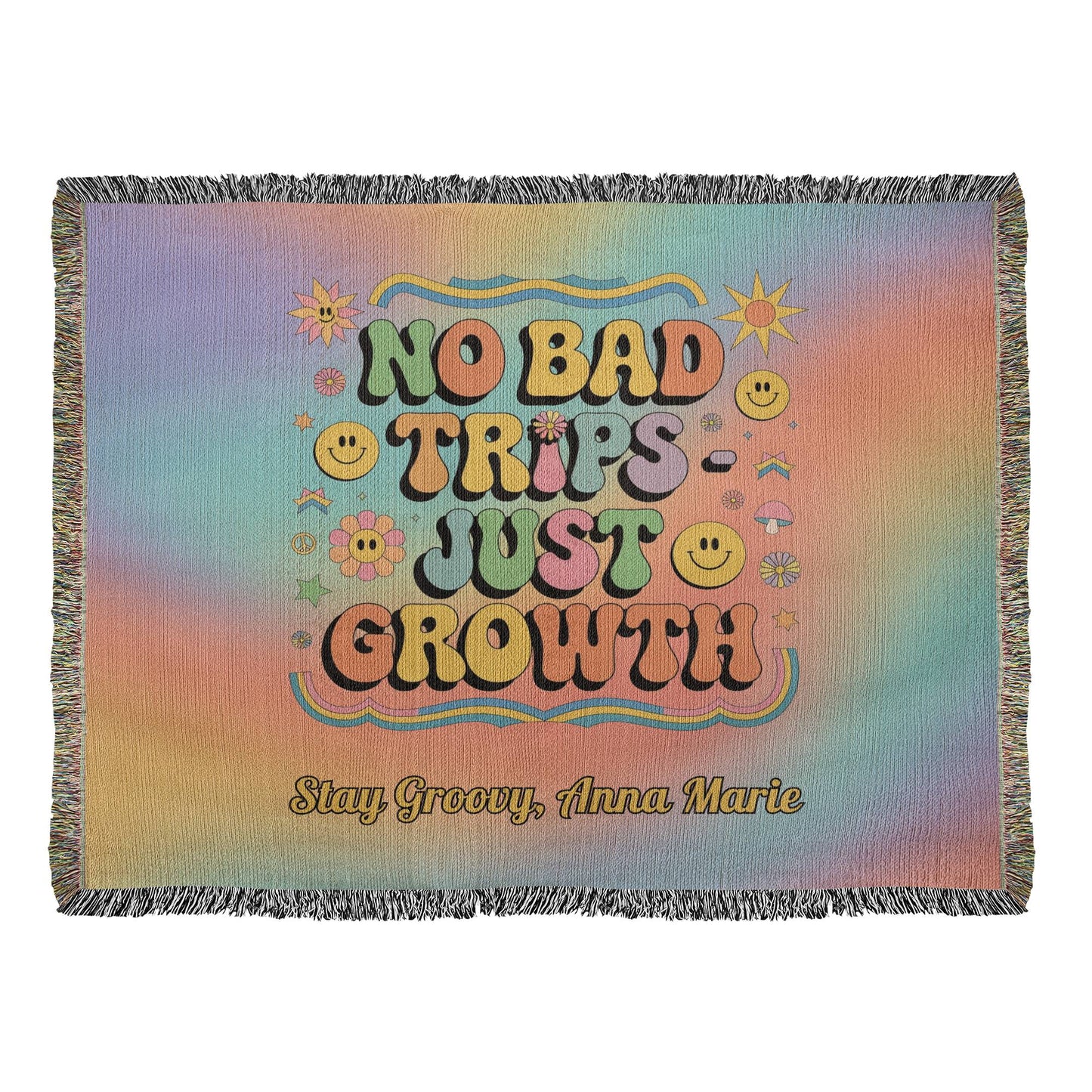 No Bad Trips Just Growth retro affirmation woven blanket personalized for therapy and burnout recovery