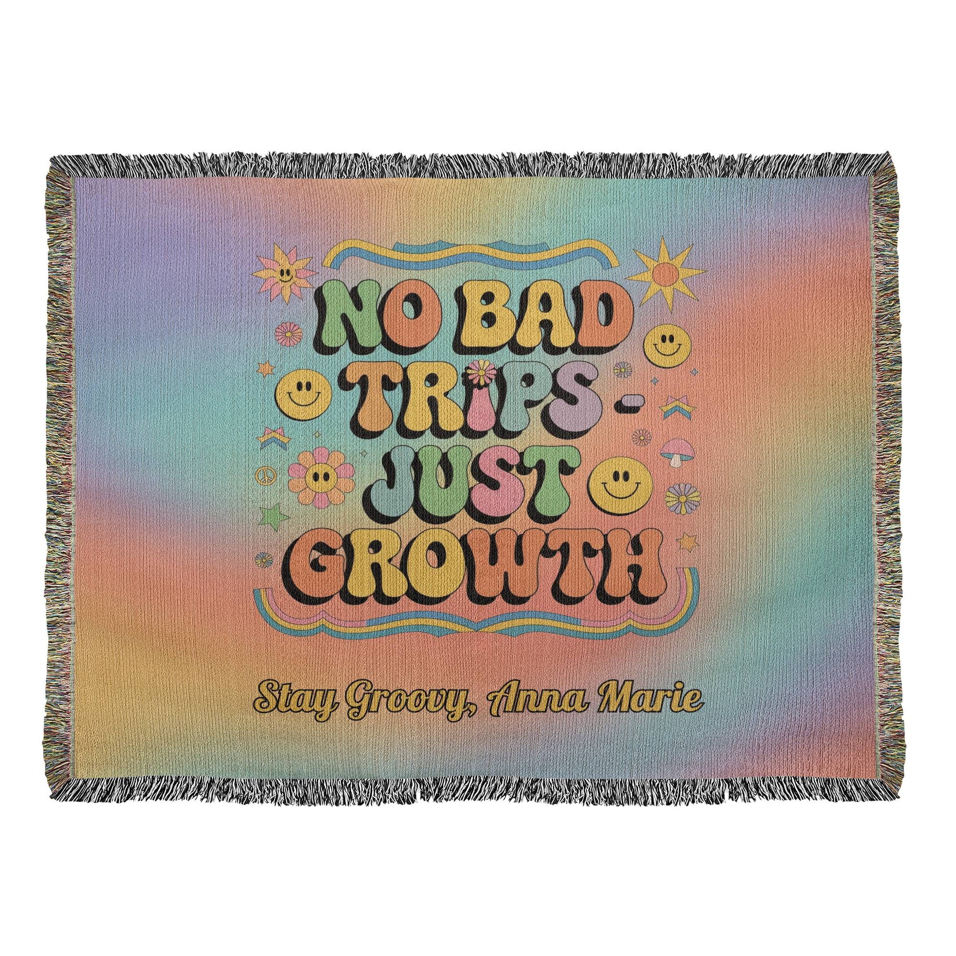 No Bad Trips Just Growth retro affirmation woven blanket personalized for therapy and burnout recovery