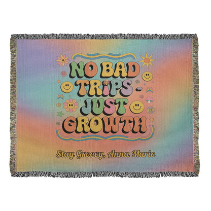 No Bad Trips Just Growth retro affirmation woven blanket personalized for therapy and burnout recovery