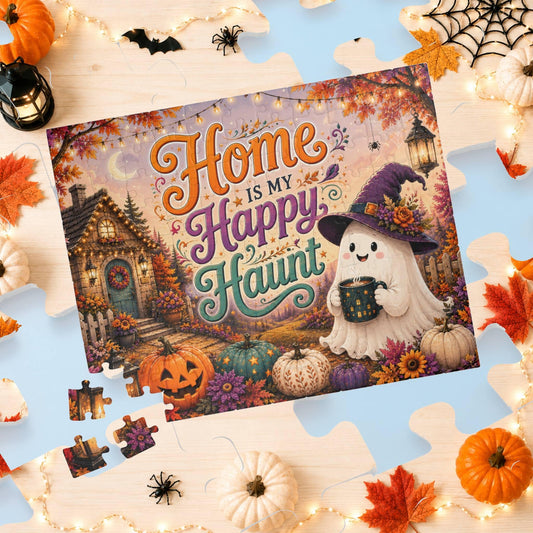 Home Is My Happy Haunt Halloween puzzle with ghost, haunted house mug, and cozy fall cottage