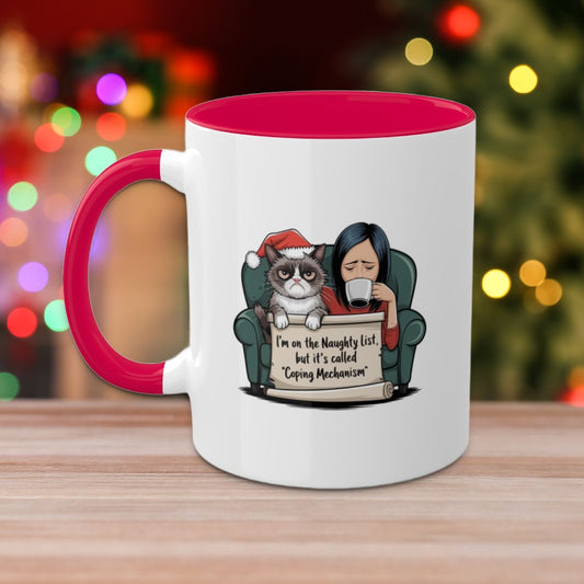 I'm On The Naughty List, But It's Called "Coping Mechanism", (Female & Cat) Colorful Christmas Mugs, Funny Mental Health Mug, Anxiety Humor Coffee Cup, Holiday Self-Care Gift, Festive Stocking Stuffer