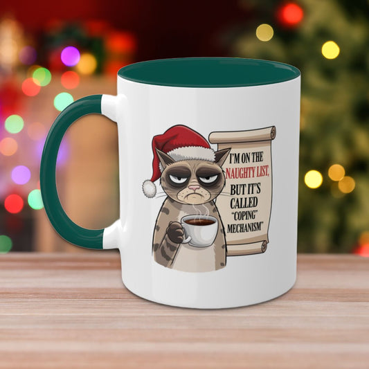 I'm On The Naughty List, But It's Called "Coping Mechanism", (Cat) Colorful Christmas Mugs, Funny Mental Health Mug, Anxiety Humor Coffee Cup, Holiday Self-Care Gift, Festive Stocking Stuffer