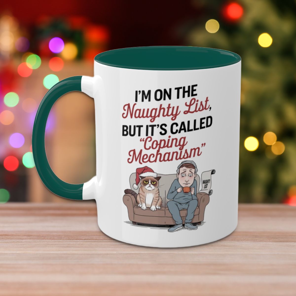 I'm On The Naughty List, But It's Called "Coping Mechanism", (Male & Cat) Colorful Christmas Mugs, Funny Mental Health Mug, Anxiety Humor Coffee Cup, Holiday Self-Care Gift, Festive Stocking Stuffer