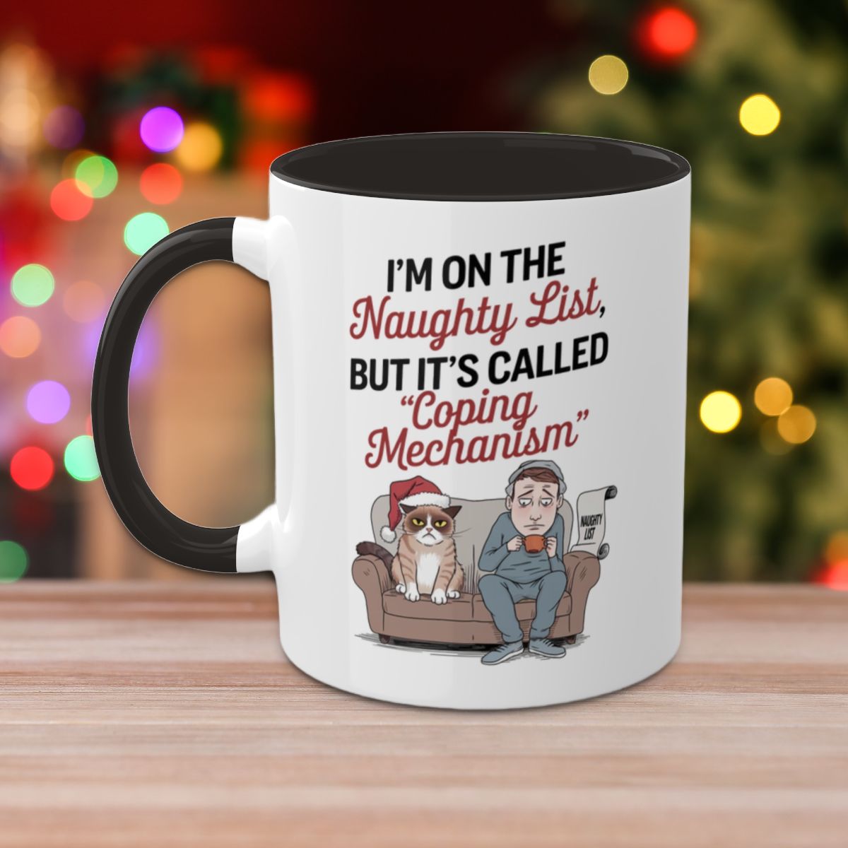 I'm On The Naughty List, But It's Called "Coping Mechanism", (Male & Cat) Colorful Christmas Mugs, Funny Mental Health Mug, Anxiety Humor Coffee Cup, Holiday Self-Care Gift, Festive Stocking Stuffer