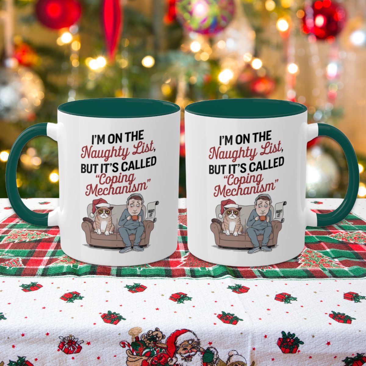 I'm On The Naughty List, But It's Called "Coping Mechanism", (Male & Cat) Colorful Christmas Mugs, Funny Mental Health Mug, Anxiety Humor Coffee Cup, Holiday Self-Care Gift, Festive Stocking Stuffer