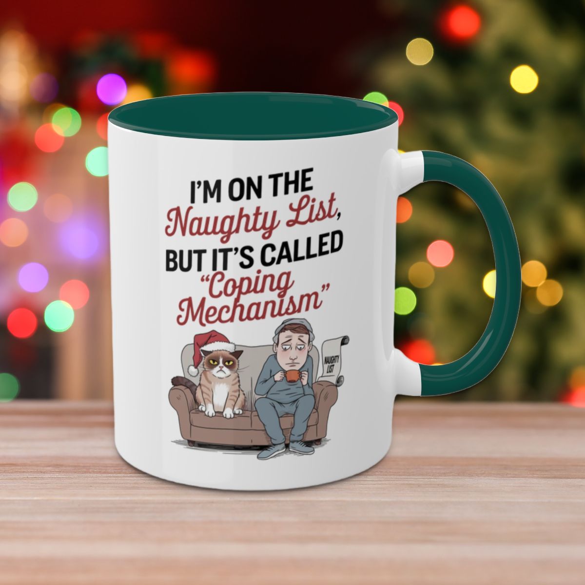 I'm On The Naughty List, But It's Called "Coping Mechanism", (Male & Cat) Colorful Christmas Mugs, Funny Mental Health Mug, Anxiety Humor Coffee Cup, Holiday Self-Care Gift, Festive Stocking Stuffer