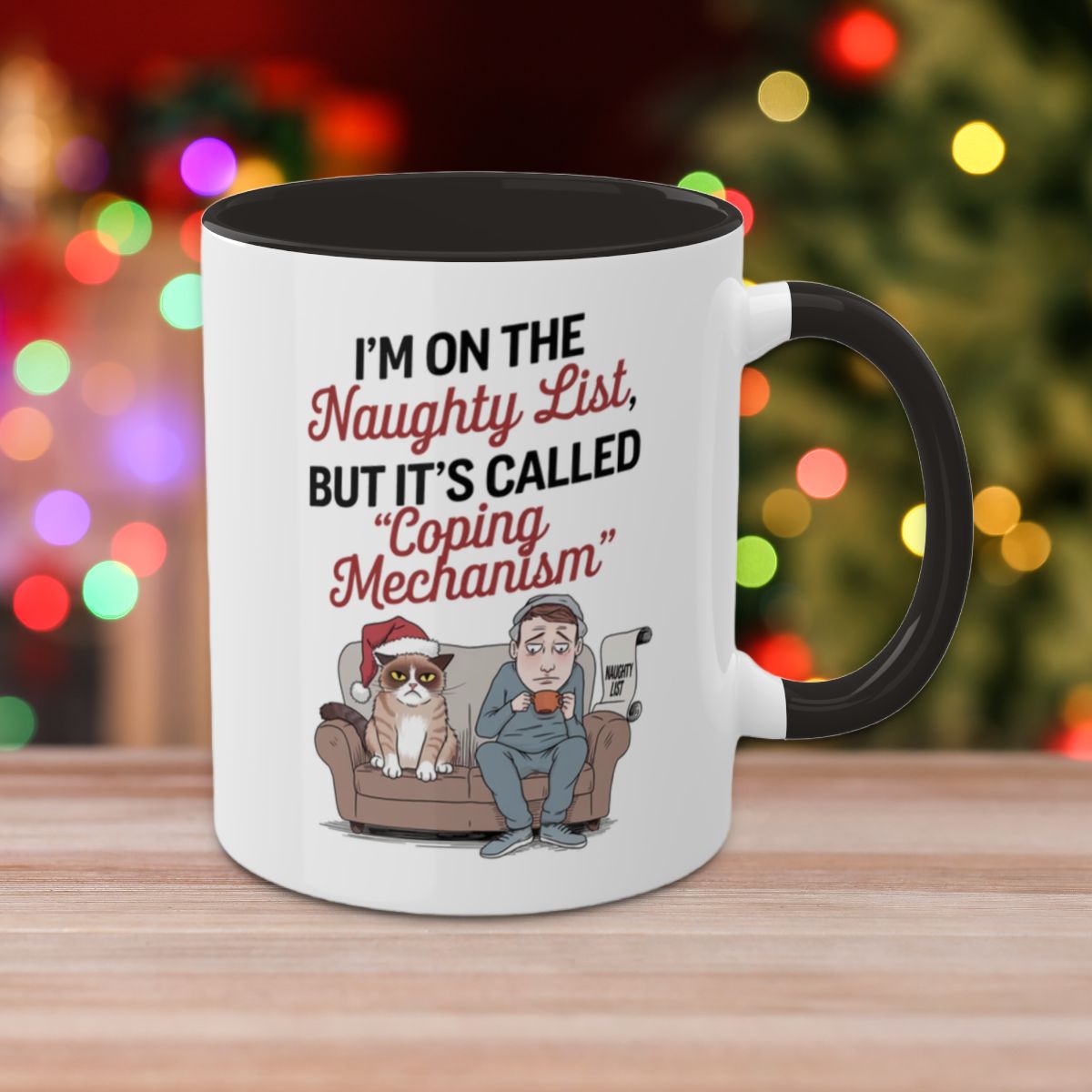 I'm On The Naughty List, But It's Called "Coping Mechanism", (Male & Cat) Colorful Christmas Mugs, Funny Mental Health Mug, Anxiety Humor Coffee Cup, Holiday Self-Care Gift, Festive Stocking Stuffer