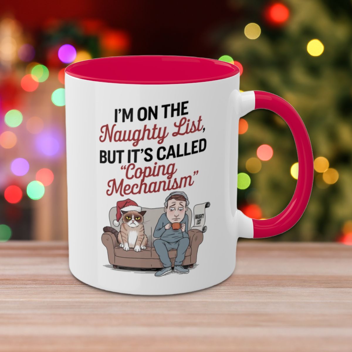 I'm On The Naughty List, But It's Called "Coping Mechanism", (Male & Cat) Colorful Christmas Mugs, Funny Mental Health Mug, Anxiety Humor Coffee Cup, Holiday Self-Care Gift, Festive Stocking Stuffer
