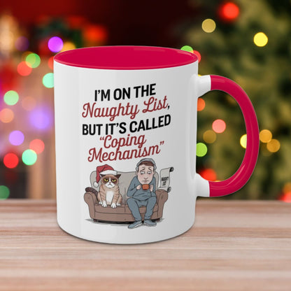 I'm On The Naughty List, But It's Called "Coping Mechanism", (Male & Cat) Colorful Christmas Mugs, Funny Mental Health Mug, Anxiety Humor Coffee Cup, Holiday Self-Care Gift, Festive Stocking Stuffer