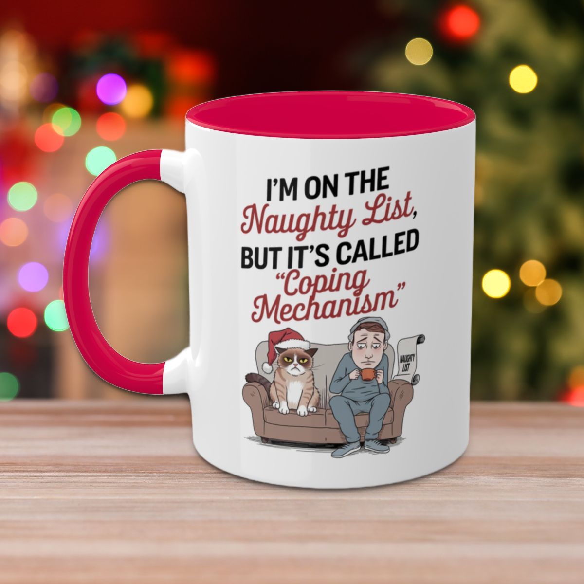 I'm On The Naughty List, But It's Called "Coping Mechanism", (Male & Cat) Colorful Christmas Mugs, Funny Mental Health Mug, Anxiety Humor Coffee Cup, Holiday Self-Care Gift, Festive Stocking Stuffer