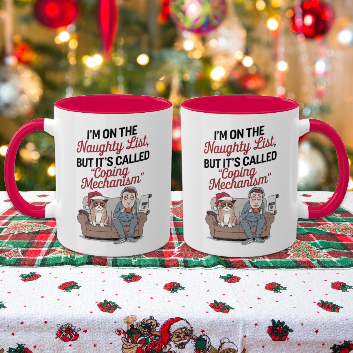 I'm On The Naughty List, But It's Called "Coping Mechanism", (Male & Cat) Colorful Christmas Mugs, Funny Mental Health Mug, Anxiety Humor Coffee Cup, Holiday Self-Care Gift, Festive Stocking Stuffer