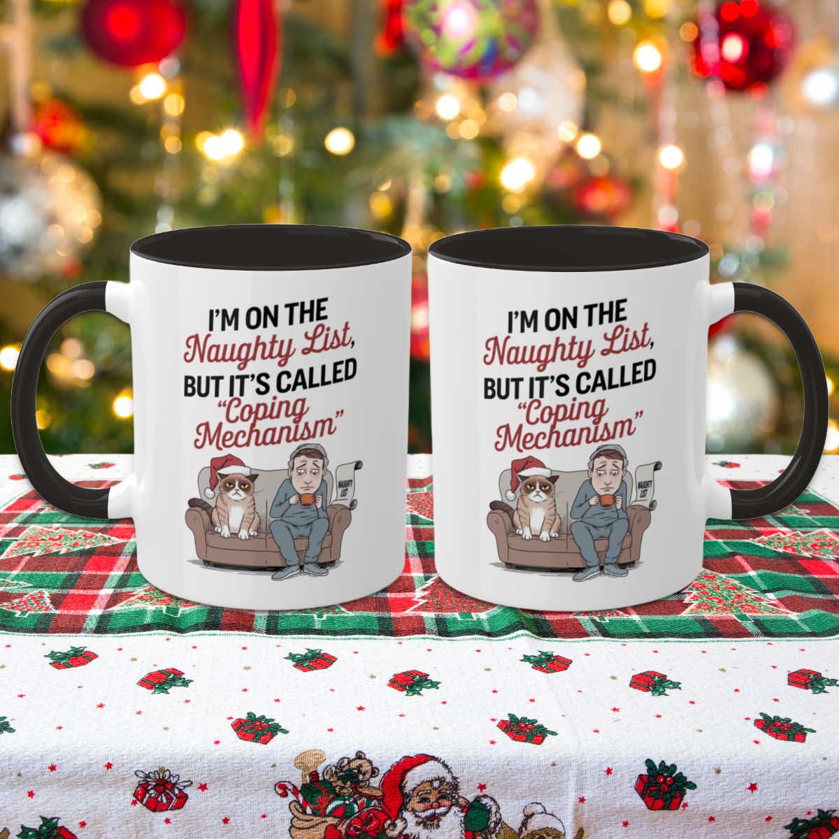 I'm On The Naughty List, But It's Called "Coping Mechanism", (Male & Cat) Colorful Christmas Mugs, Funny Mental Health Mug, Anxiety Humor Coffee Cup, Holiday Self-Care Gift, Festive Stocking Stuffer