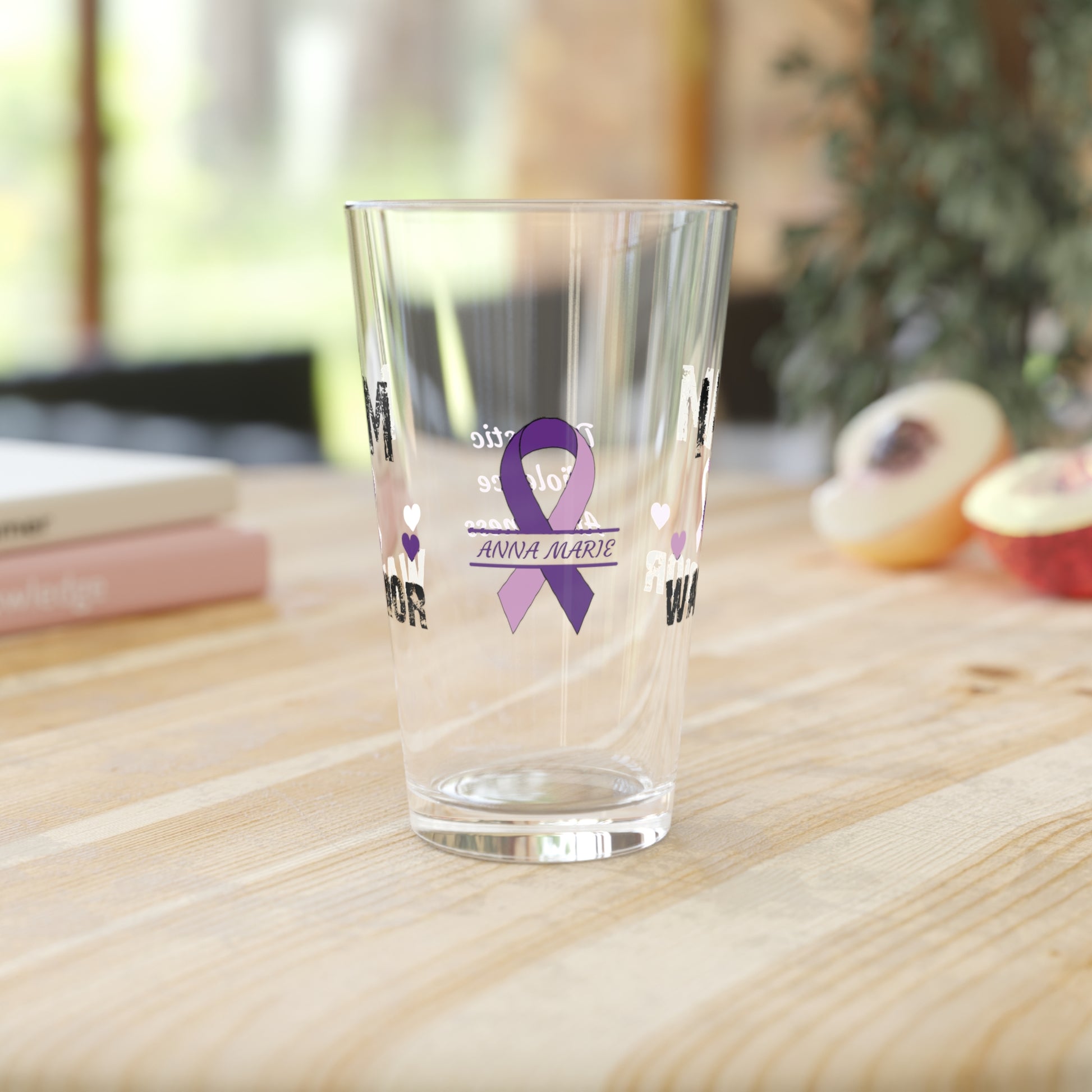 I am of a Warrior: Personalized Domestic Violence Awareness Warrior Pint Glass - Proud Family Member