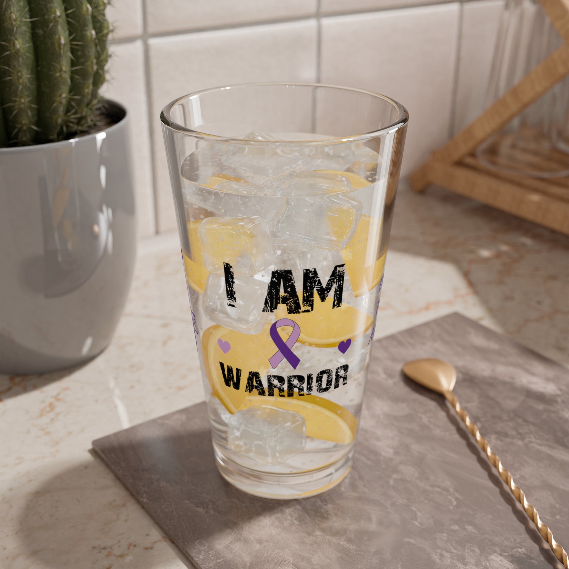 I am of a Warrior: Personalized Domestic Violence Awareness Warrior Pint Glass - Proud Family Member