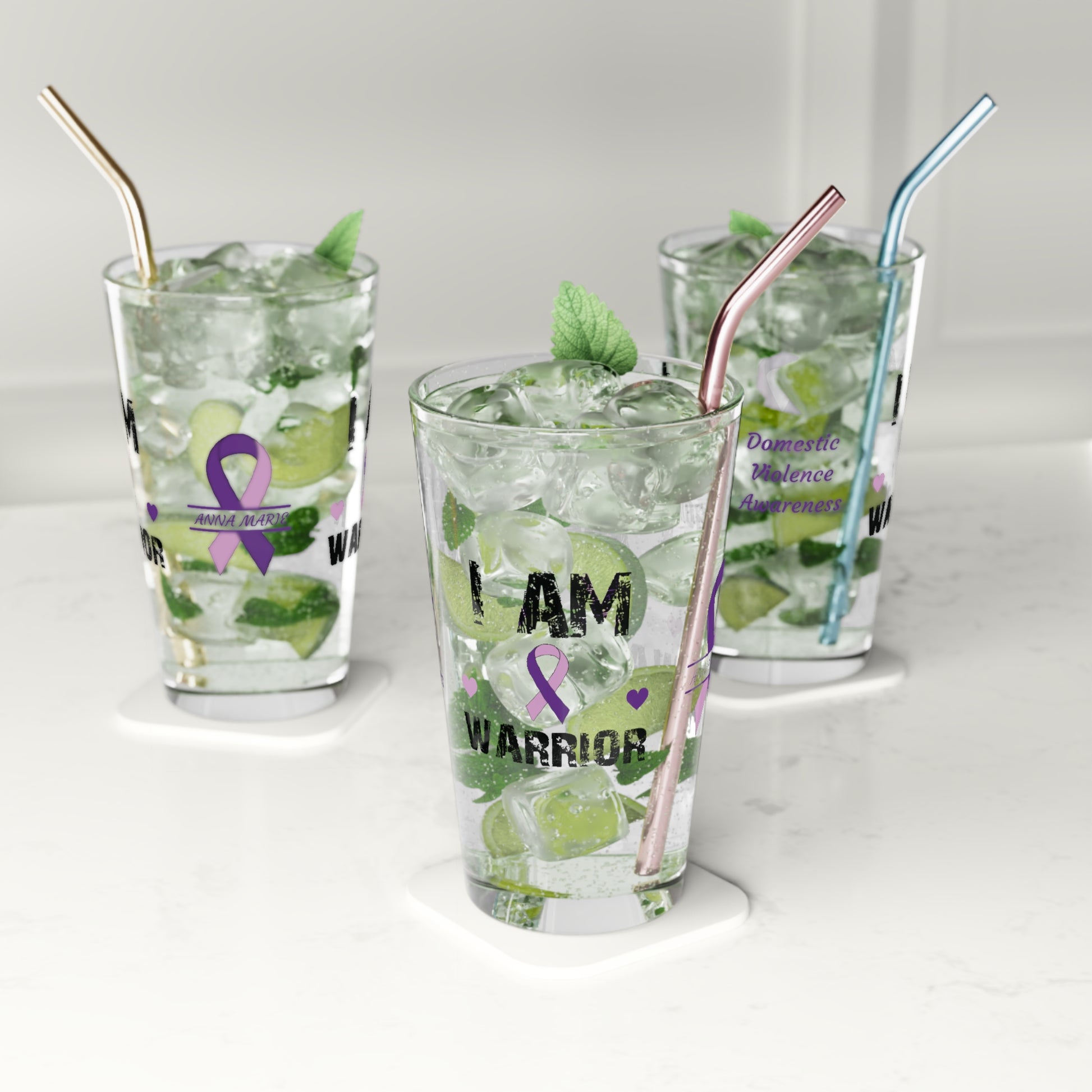 I am of a Warrior: Personalized Domestic Violence Awareness Warrior Pint Glass - Proud Family Member