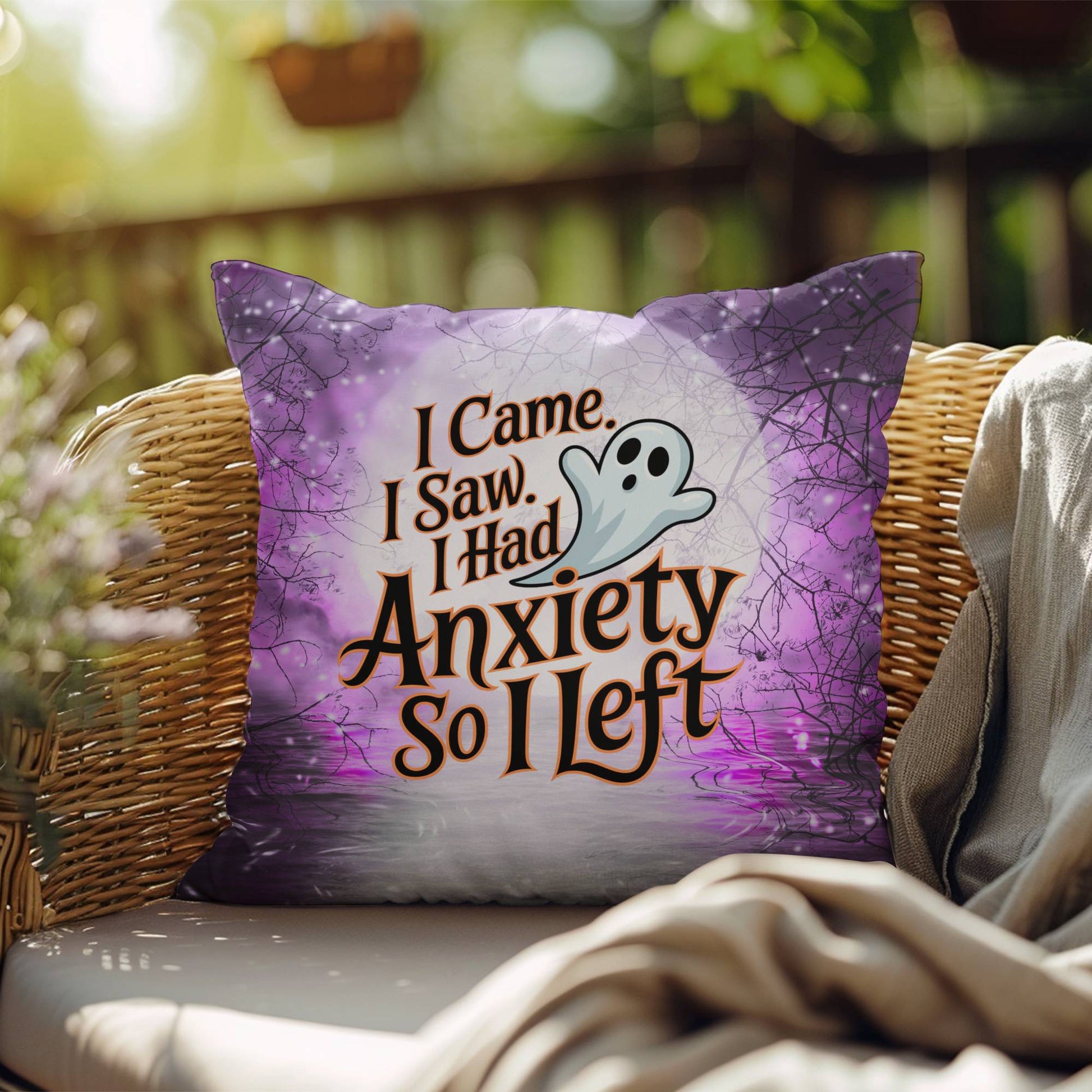 Funny Halloween indoor/outdoor pillow with “I Came. I Saw. I Left.” for seasonal humor