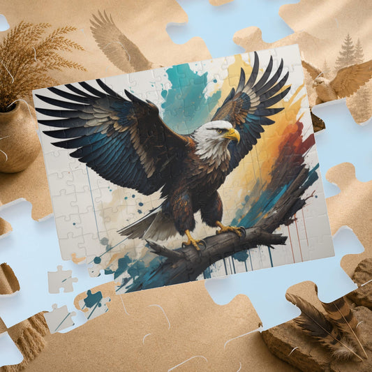 Inspirational Eagle Flight - Full-Body Bald Eagle Puzzle with Wings Spread on Watercolor Splash Background