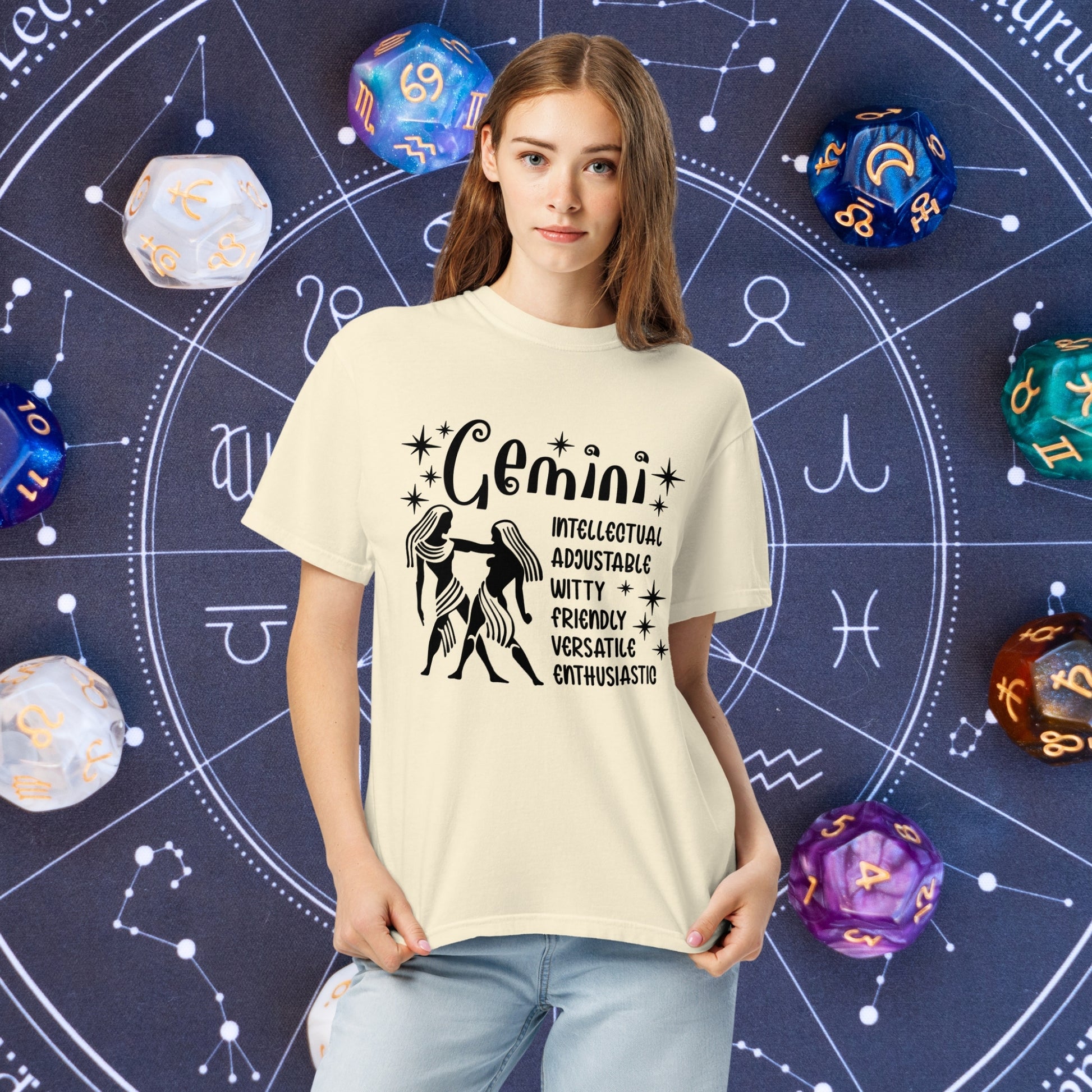 Gemini Zodiac Comfort Colors Shirt - Versatile unisex astrology graphic tee featuring Gemini sign, great for self-expression and mental wellness
