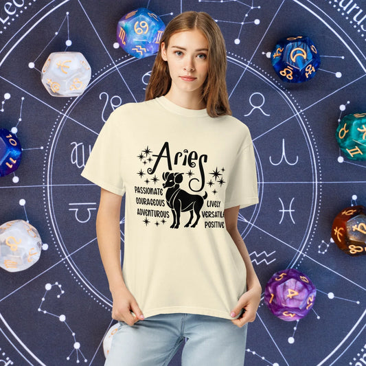 Aries Zodiac Comfort Colors Tee - Bold unisex astrology shirt with Aries traits, perfect for empowerment and emotional wellness