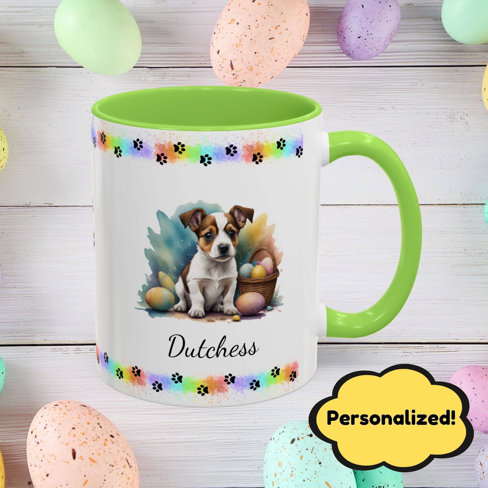 Jack Russell Terrier (Brown & White): Personalized Easter Puppy Coffee Mug - Adorable Dog Design, Mental Health Gift, 11oz & 15oz, 12 Color Choices, Easter Gifts & Décor