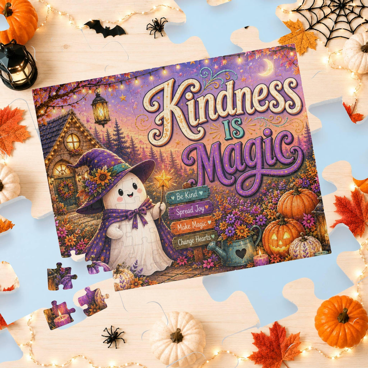 Kindness Is Magic Halloween puzzle featuring witch ghost, pumpkins, wand, and colorful flowers