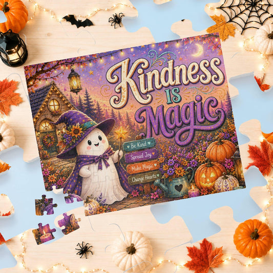 Kindness Is Magic Halloween puzzle featuring witch ghost, pumpkins, wand, and colorful flowers