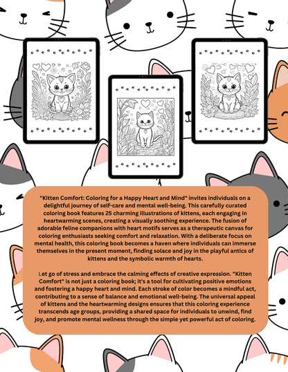 Kitten-themed mental health coloring book with hearts and cozy art