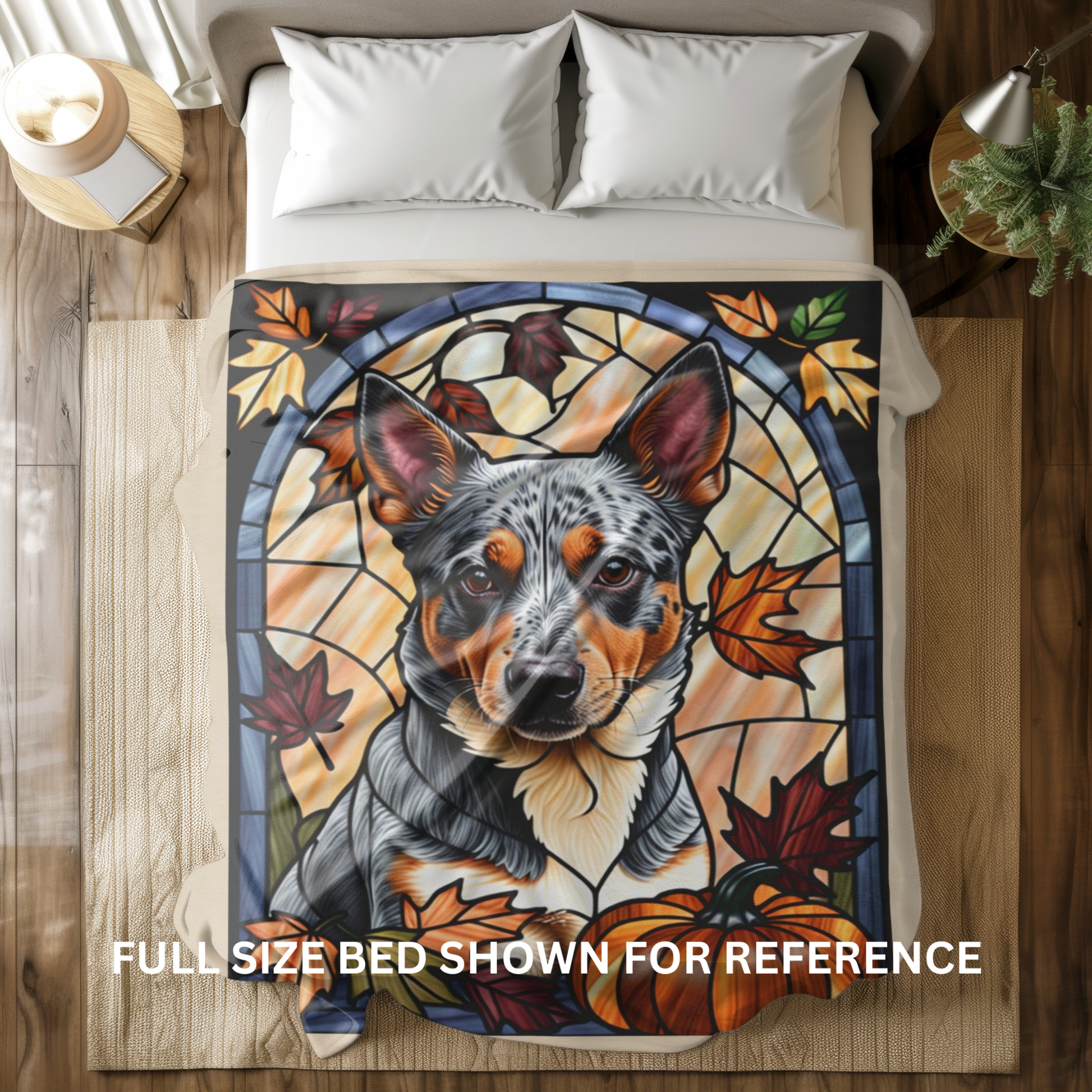 Luxurious Australian Cattle Dog stained glass throw blanket in soft velveteen fabric, thoughtful dog lover gift